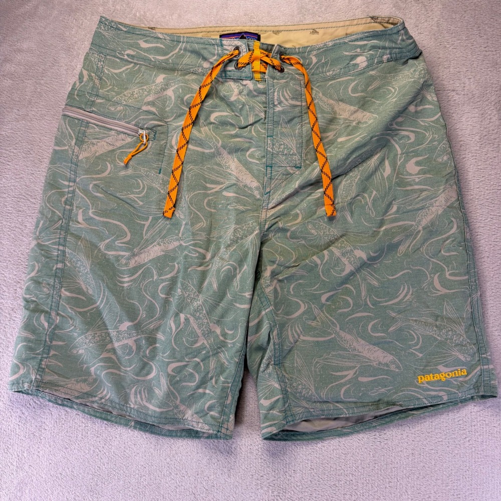 Patagonia Mens Flying Fish Board Shorts Green Grey Swim Trunks Size 30